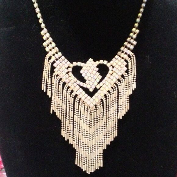 Vintage Aurora Borealis Rhinestone Chain Fringe Statement Necklace - Picture 1 of 8